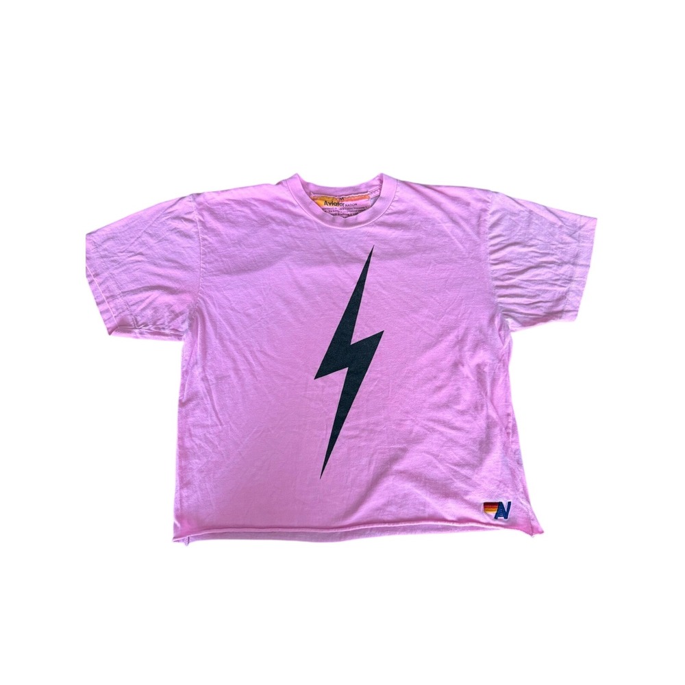 Aviator Nation Pink Lightning Bolt Crop Tee Womens Medium Made USA